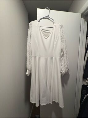 White Long Sleeve A-Line Dress with Sheer Dot Sleeves
